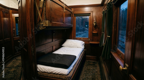 A cozy vintage train sleeper cabin with dark wood paneling, a narrow made-up bed, and curtained windows looking out at the tracks - Generative AI