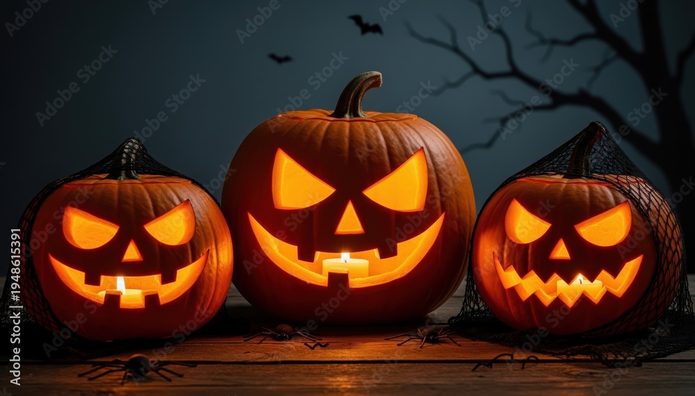 Obraz premium Spooky Trio of Halloween Pumpkins: Three carved pumpkins glow with eerie smiles and flickering candlelight on a dark, mysterious night, embodying the spirit of All Hallows' Eve.