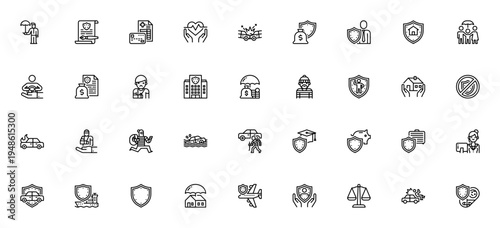 Insurance icon set. Vector illustration pack. Includes symbols for policy, health, car accident, property, travel, life, claim, family and more. Editable stroke.