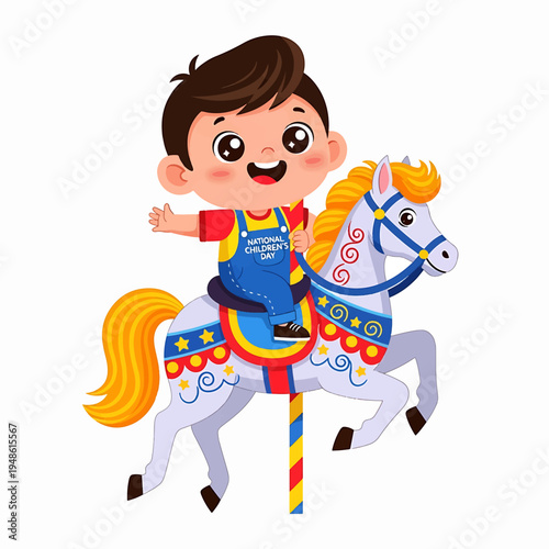 Cute Boy Riding Carousel Horse for National Children's Day Theme