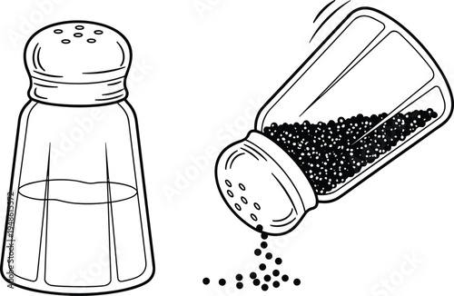 Vector illustration of salt shaker upright with white granules and pepper shaker tilted dispensing black pepper seasoning in culinary kitchen concept artwork