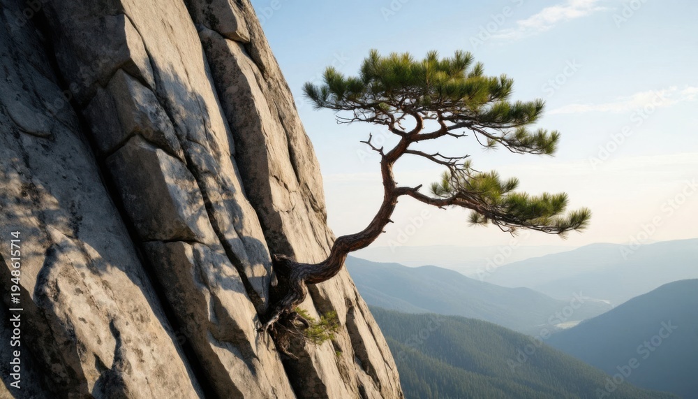 Fototapeta premium Bonsai tree growing on rocky cliff edge with misty mountain landscape and serene blue sky background
