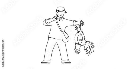 Farmer holding a rooster, victory gesture, farm, agriculture, rural life, country