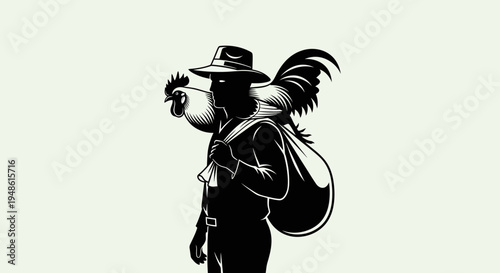 Farmer Silhouette Carrying Rooster and Sacks on Shoulder, Vintage Style