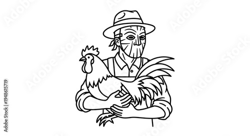 Farmer Holding Rooster, Farm Life, Rustic Countryside, Vintage Style Illustration