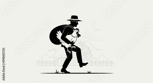 Farmer Stealing Chicken at Night, Rural Farm Scene, Moonlit Silhouette