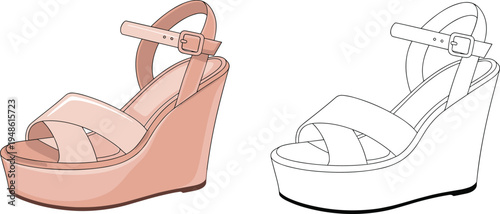 Fashion wedge sandal illustration, pink footwear design, stylish shoe vector art flat