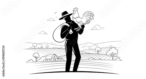 Farmer Carrying Rooster and Bag on Shoulder in Rural Landscape with Farmhouse