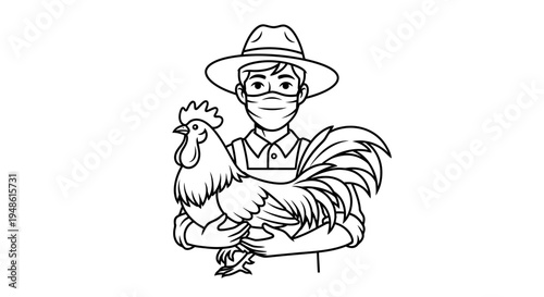 Farmer Wearing Mask Holding Rooster, Farm Animal, Pandemic Protection