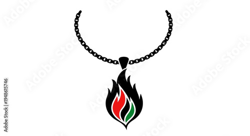 Fiery Pendant Necklace with Red, Green, and Black Flames on White Background