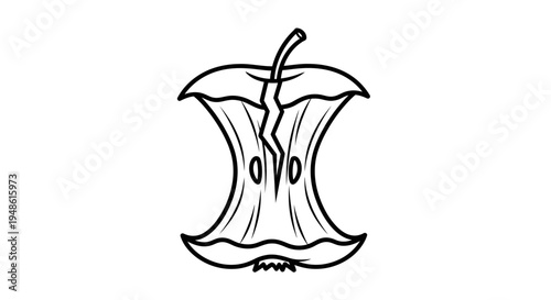 Cracked Apple Core Illustration - Rotting Fruit Stub with Stem and Seeds