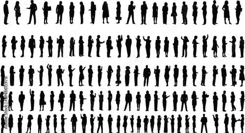Business people silhouettes collection, diverse standing poses, teamwork concept, flat vector