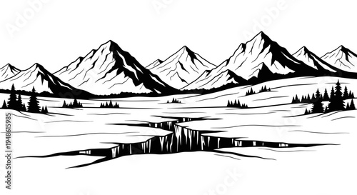 Cracked Ice Landscape with Mountains and Pine Trees - Black and White
