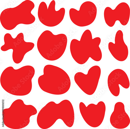 A collection of 16 irregular, organic, red blob shapes on a white background, resembling abstract inkblots or fluid forms.