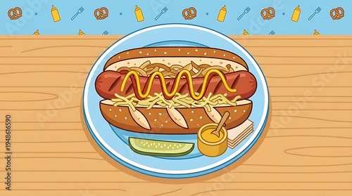 hot dog on a plate.