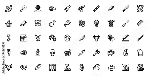 Butcher icon set. Vector illustration of salami, knife, ham, tongs, sausage, cleaver, apron, meat grinder, scale and more. Editable stroke.