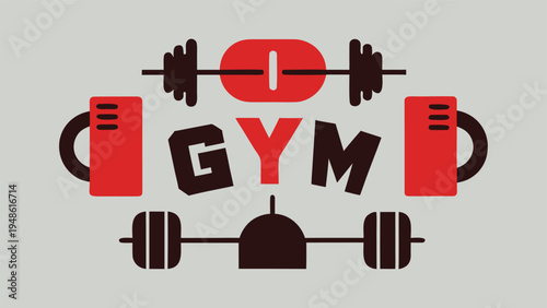 Vector graphic of the word GYM surrounded by two red mugs and two brown barbells positioned on a neutral light gray background.