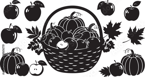 Black and white illustration of autumn harvest basket arrangement