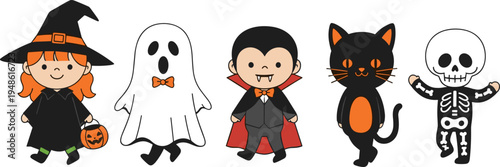 halloween, kids, children, costumes, witch, ghost, vampire, black cat, skeleton, cartoon, cute, spooky, holiday, trick or treat, illustration, character, party, un, october