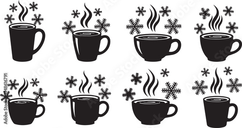 Hot Coffee Cups with Snowflakes Winter Season Concept Illustration