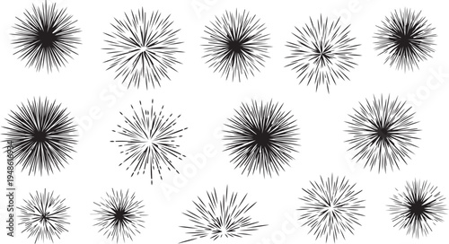 Black and white fireworks illustrations on plain background