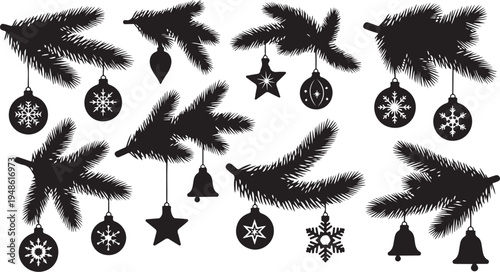 Christmas Tree Decorations Silhouettes on White Background Illustration
