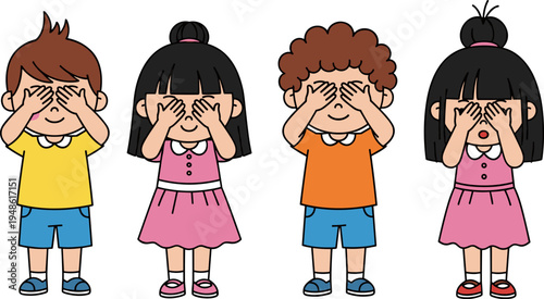 kids, children, covering eyes, cartoon, cute, playful, emotions, childhood, illustration, diverse, characters, fun, expression, surprise, game, smiling, education, friends, playful, activity