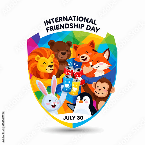 International Friendship Day celebration shield with diverse animals sharing drinks