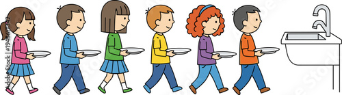 kids, children, washing dishes, cleaning, hygiene, responsibility, teamwork, school activity, household chores, cartoon, cute, illustration, education, routine,r, discipline, teamwork