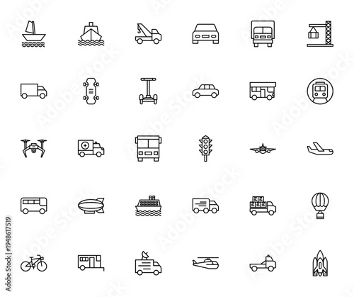 Transportation icon set. Vector vehicle collection. Includes sailboat, ship, crane, car, truck, airplane, bicycle, rocket and more. Editable thin line icons.