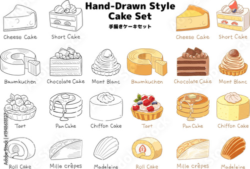 かわいいケーキの手描きイラスト／モノクロ&カラー