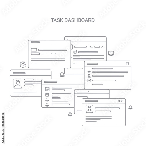 Task Dashboard Interface with Multiple Overlapping Browser Windows.