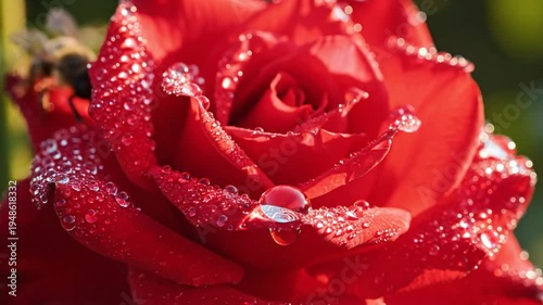 Close-up of a vibrant red rose glistening with water droplets, a bee gathering nectar under sunlight in a summer garden.