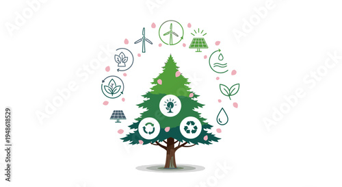 A green Christmas tree with eco-friendly icons and symbols arranged in a circle around it on a white background.