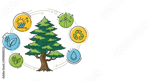 Illustration of a tree surrounded by eco-friendly icons on a white background with a circular composition.