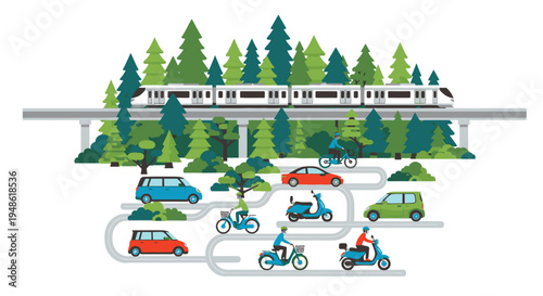 Illustration of a busy transportation scene with a train, cars, bicycles, and motorcycles on a winding road through a forest with a mix of green trees and a white background.