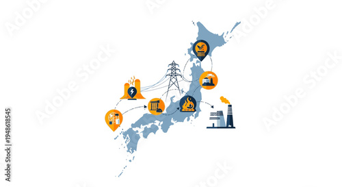 Map of Japan with various industrial and location icons marked on it in orange and black on a white background.