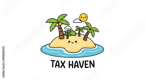 A cartoon island with palm trees and a smiley face in the middle of the ocean