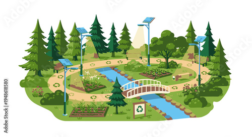 Illustration of a serene park with a winding river, solar panels, and lush greenery on a clean white background.