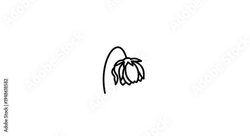Minimalist line art drawing of a wilting flower on a white background.