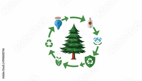 A green pine tree surrounded by a circular arrangement of eco-friendly icons and arrows on a white background with a natural and sustainable mood.