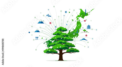 Illustration of a tree with green leaves and various icons radiating from it against a white background.