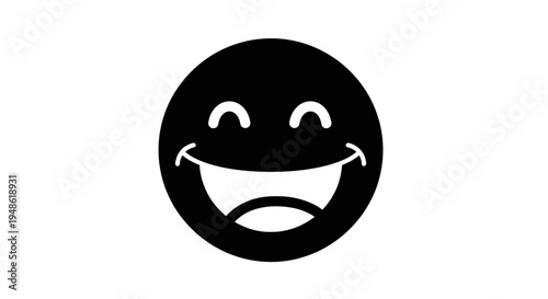 Happy Face Icon, Black and White, Joyful Expression, Simple Graphic Symbol
