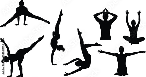yoga silhouette collection, woman yoga poses set, fitness stretching exercise, meditation wellness concept, flexible body training, isolated black silhouettes