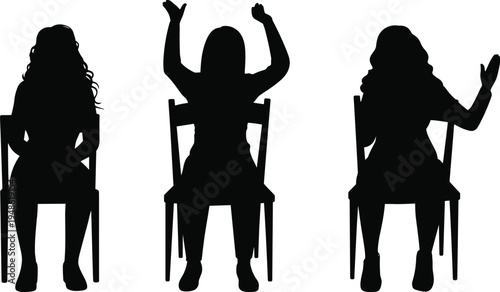 Women sitting on chairs silhouette set, female gestures and poses vector illustration isolated on white background, people communication concept