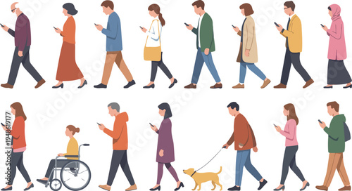 People walking while using smartphones, diverse group of men and women addicted to mobile technology