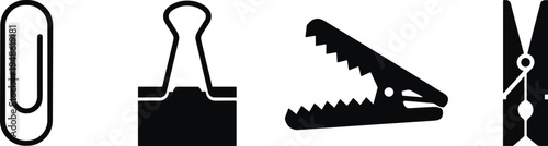 Black silhouette icons of office stationery clips including a paperclip, binder clip, alligator clamp, and clothespin for school, business, and laundry organization concepts.
