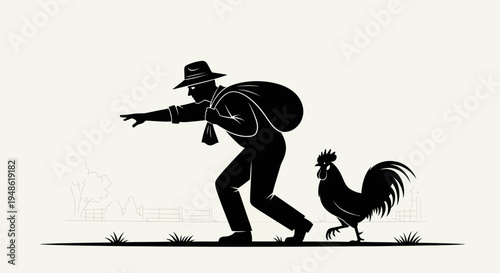 Farmer carrying sack pointing away with rooster following him in silhouette