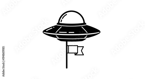 Flying Saucer UFO Icon with Flag on White Background, Sci-Fi Vector Art