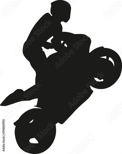 Black silhouette of a professional stunt rider performing a high wheelie on a powerful sport motorcycle isolated on a clean white background for design